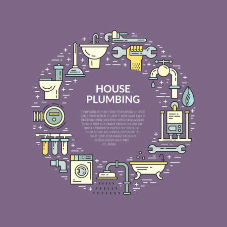 Unique line style vector illustration with plumbing symbols. Wrench, pipe, leak - house repair symbols. Plumbing poster or banner concept.のイラスト素材