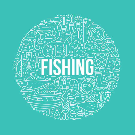 Different fishing elements arranged in a circle with sign fishing in the middle. Vector line art. Fishing shop design element.のイラスト素材