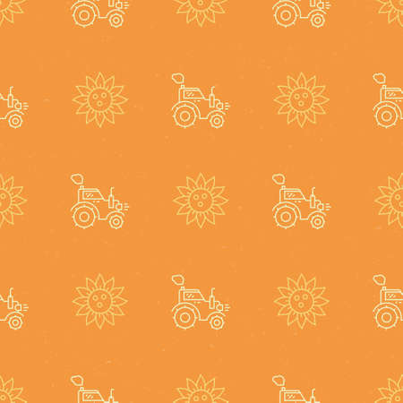 Agricultural background with tractor and sunflower. Farming seamless vector background.のイラスト素材