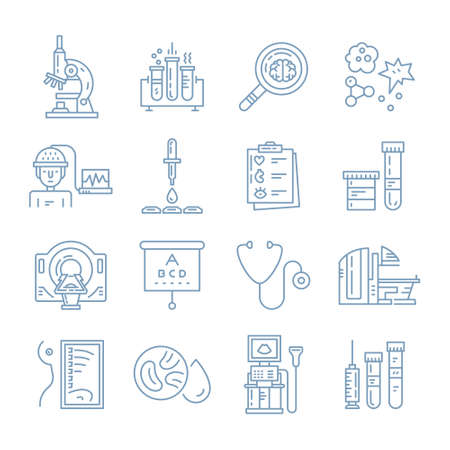 Vecor icons with medical check-up and diagnostic process - xray, MRI, blood testing, microscope and other medical gear. Line vector illustrations of medical diagnostic process.のイラスト素材