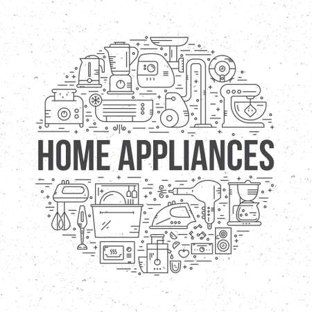 Home appliances arranged in a circle with a sign home appliances in the center. Vector line style illustration.のイラスト素材