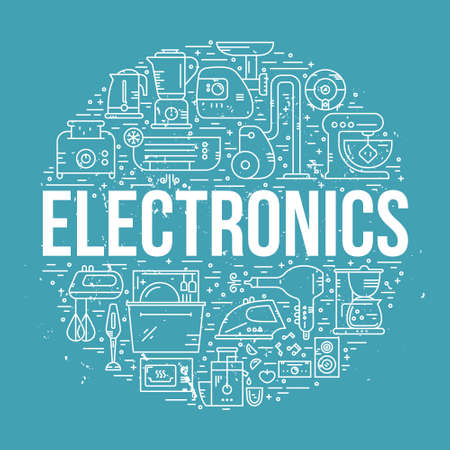 House appliances and electronics arranged in a circle with sign electronics. Vector line design element for banner. poster, home gear shop.のイラスト素材