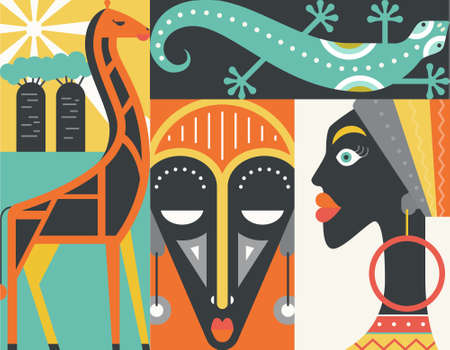 Graphical illustration of african symbols made in flat style vector. Welcome to Africa concept.のイラスト素材