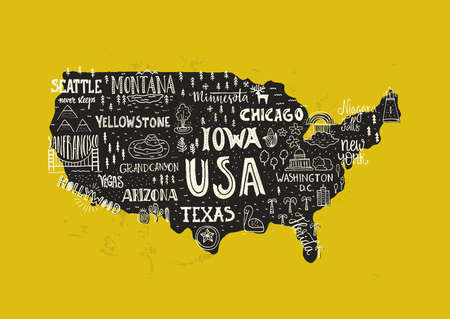 Handdrawn illustration of USA map with hand lettering names of states and tourist attractions. Travel to USA concept. American symbols on the map. Creative design element for tourist banner, apparel design, road trip event design.のイラスト素材