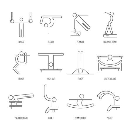 Artistic gymnastics icon collection made in modern linear vector style. Gymnastic disciplines for men and women. Summer games and sports modern vector series.のイラスト素材