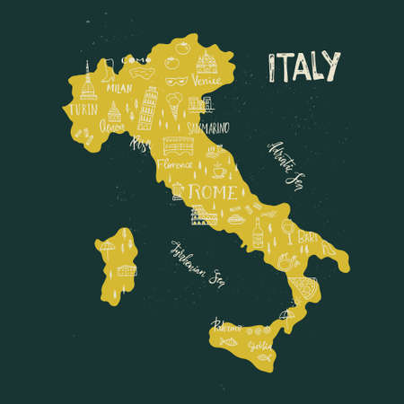 Handdrawn symbols of Italy on a map. Unique illustration for travel poster, visit Italy concept. Tourist postcard design.のイラスト素材