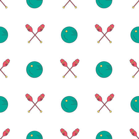 Modern seamless pattern with different rhytmic gymnastics equipment - clubs and bakk. Great texture for web sites, invitations, announcements and competition background made in vector. Sports vector series.のイラスト素材