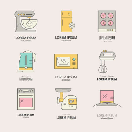 Collection of labels with different house applinces including fridge, mincer, mixer, microwave, teapot. Vector line collection of household symbols.のイラスト素材