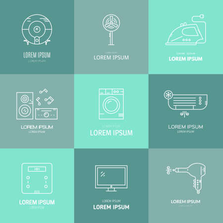 Collection oflabels with house appliances. House gear icons made in vector. Tv, washing machine, aircondition and other home gear.のイラスト素材