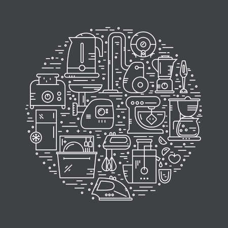 Vector illustration with house appliances arranged in a circle. Kitchen gear and house technology. Vector line style elements for shop, advertising, banner or flyer.のイラスト素材