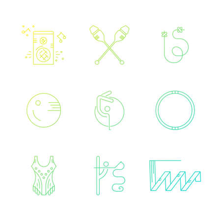 Rhythmic gymnastics equipment, including clubs, ribbon, rope - perfect vector line symbols. Professional sport vector. Unique and modern set isolated on background.のイラスト素材