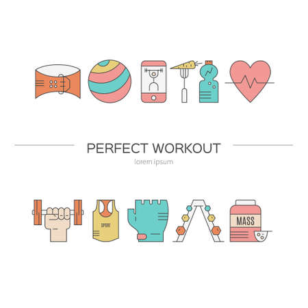 Vector conceptual illustration with fitness objects. Line style series. Bodybuilding and fitness banner template.のイラスト素材