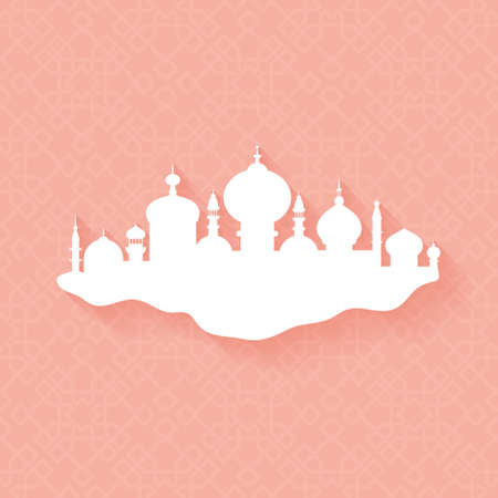 Clean illustration of islamic city with mosque on ornamental background with shadow. Vector design element for muslim community Ramadan Kareem or Eid Al Fitr.のイラスト素材