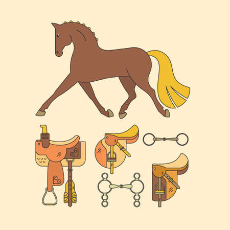 Horse and equine gear. Different saddles including western, bits and horse made in vector. Isolated equestrian elements.のイラスト素材