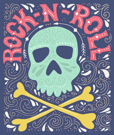 Skull, bones and rock-n-roll - handdrawn letterin poster. Vector typography. Design of a t-shirt, bag or other apparel. Illustration for rock concert.のイラスト素材