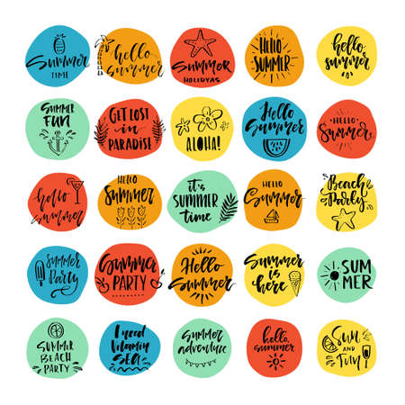 Vector illustration with hand lettering for summer vacation, travel agency, summer party. Beach vacation. Unique design for postcard, mug or poster.のイラスト素材