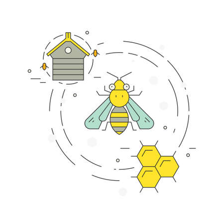 Vector line illustration of a bee and honey related things aroundのイラスト素材