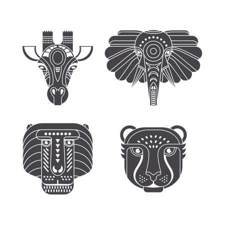 Portrait of african animals made in ornate vector style. Giraffe, elephant, monkey, cheetah. Safari label or t-shirt design with cute animal character.のイラスト素材