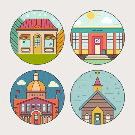 Vector illustration of different govenmental buildings including capitol, post office, shop. Trendy line style vector illustration. City architecture concept. Government buildings.のイラスト素材
