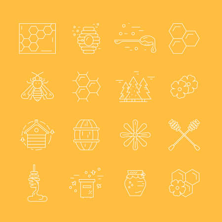 Big collection of thin line icons with honey - honeybee, dipper, wax, propolis, flower and other elements made in vector.のイラスト素材