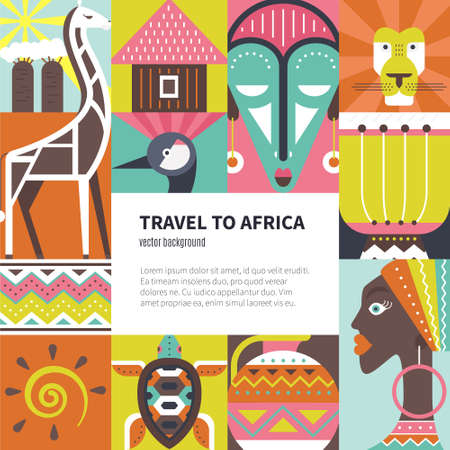 Conceptual illustration of Africa with different african symbols made in flat vector style. Travel to africa banner template. Explore the world. Traditional african symbols isolated and easy to use. African design.のイラスト素材