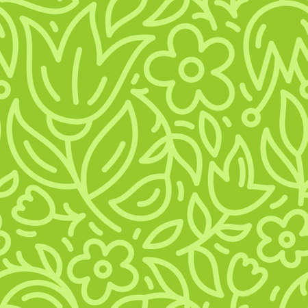 Modern floral seamless pattern with linear elements. Vector background with tulips and leaves made in line style. Pattern for apparel design, web site backgrounds, organic cosmetics products, green living.のイラスト素材