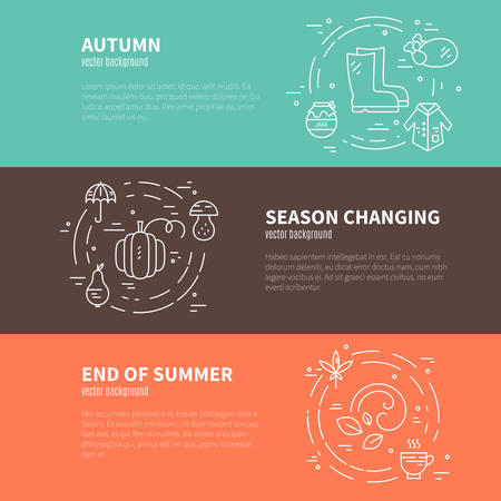 Banner or flyer template with autumn symbols. Fall icons isolated on background and easy to use. Vector card collection.のイラスト素材