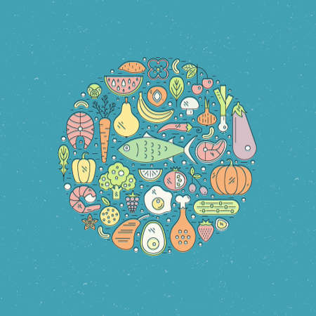 Healthy food arranged in a circle. Great illustration for healthy diet concept, paleo diet or healthy lifestyle. Local market poster.のイラスト素材