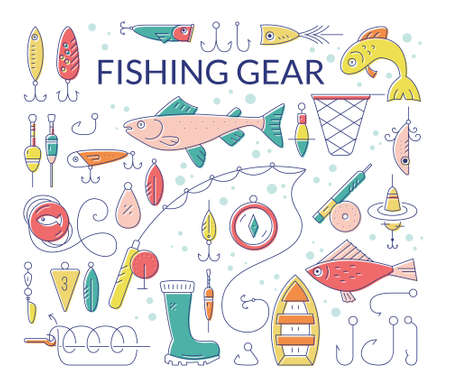 Collection of fishing equipment made in vector. Trout, salmon, rod, boat, tackle, bait and other elements for outdoor activity. Fishing club or fishing gear shop clipart.のイラスト素材