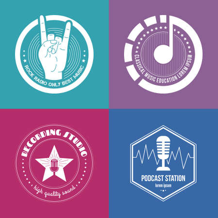 Collection of music made in vector. Recording studio labels hipster style. Podcast and radio badges with sample text. Vintage t-shirt design elements with musical elements - guitar, horns. Sound production.のイラスト素材