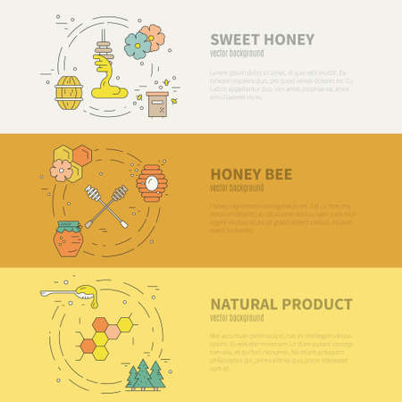 Vector flyer collection with honey related items. Banners with honeycomb, bee, forest and other natural product symbols.のイラスト素材