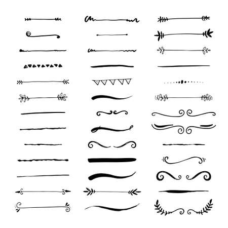 Collection of handdrawn borders made with brush and ink. Unique swirls and dividers for your design. Ink borders. Vector dividers.のイラスト素材