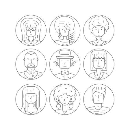 People icons illustration. Avatar collection with man and women portraits made in line style vector. Perfect people illustration for social media and app design.のイラスト素材
