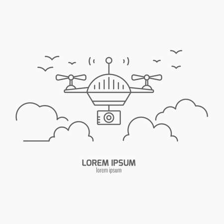 Aerial photography and videography symbol. Drone technology design - vector illustration of a drone in the sky. Modern vector line art collection.のイラスト素材