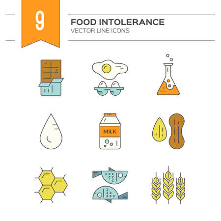 Food allergy symbols made in vector. Food intolerance icons for restaurants, farm markets and menu. Special diet illustration.のイラスト素材