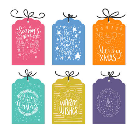 Vector set of unique Christmas cards with handdrawn lettering. Xmas quotes collection. New Year greetings isolated on background.のイラスト素材