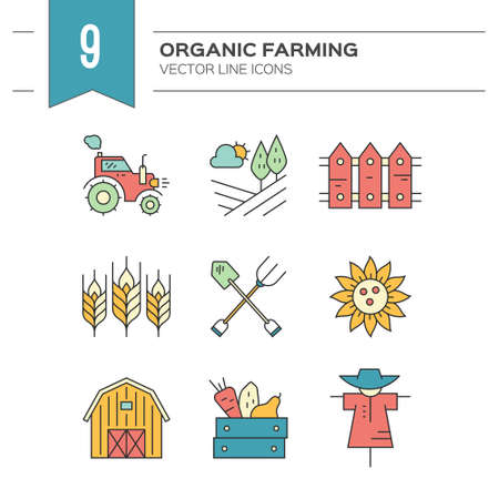 Colorful linear symbols of agriculture. Perfect clean vector. Farming symbols.のイラスト素材