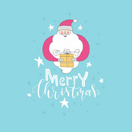 Vector Christmas card with cartoon Santa Claus and handdrawn lettering. Xmas design for greeting card. Unique handdrawn holiday illustration isolared on background.のイラスト素材