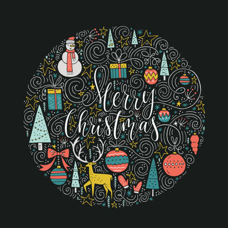 Circle vector Christmas greeting card design. Perfect handmade lettering for holiday decorations with cute illistrations. Trendy New Year design. Handdrawn design elements for perfect cards and invitations.のイラスト素材