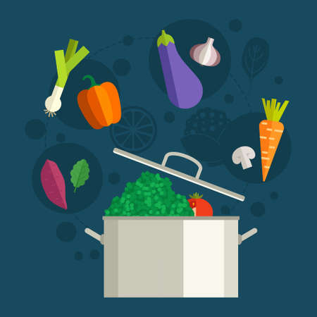 Conceptual illustration of healthy food around a pan. Diet concept. Banner or flyer with healhy vegetables. Flat vector.のイラスト素材