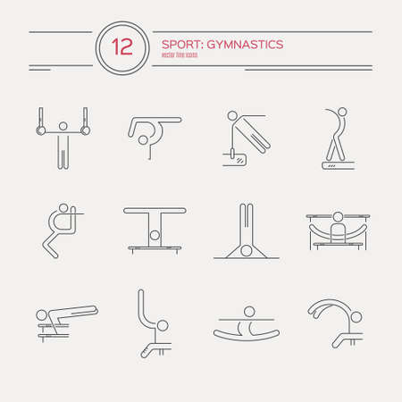 Perfect artistic gymnastics icons and symbols collection with all disciplines made in modern linear vector style. Summer games and sports modern vector series. Great set of line style symbols.のイラスト素材