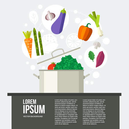 Conceptual illustration of healthy food around a pan. Diet concept. Place for your text. Banner or flyer with healhy vegetables. Flat vector.のイラスト素材