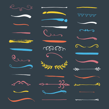 Collection of handdrawn borders made with brush and ink. Unique swirls and dividers for your design. Ink borders. Vector dividers.のイラスト素材