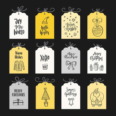 Big collection of unique Christmas or New Year card templates with drawings and brush lettering maed by hand. Cheerful notes.のイラスト素材