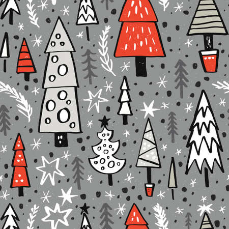 Christmas background with pine trees. Cute doodle seamless pattern for New Year invitatin, Christmas greeting card. Vector pattern.のイラスト素材