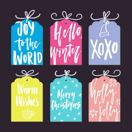Big collection of unique Christmas or New Year card templates with drawings and brush lettering maed by hand. Cheerful notes.のイラスト素材