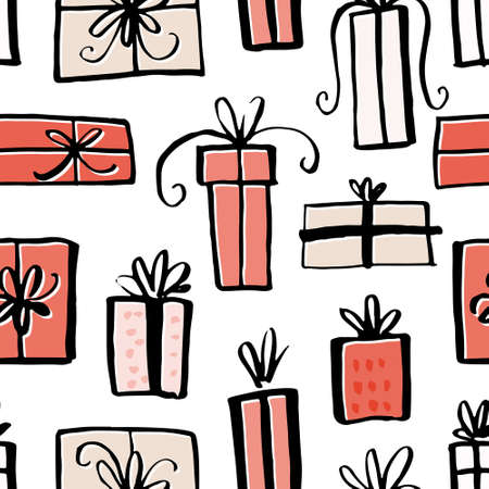 Handdrawn seamless pattern with presents. Wallpaper or Christmas wrapping paper design. Vector texture.のイラスト素材