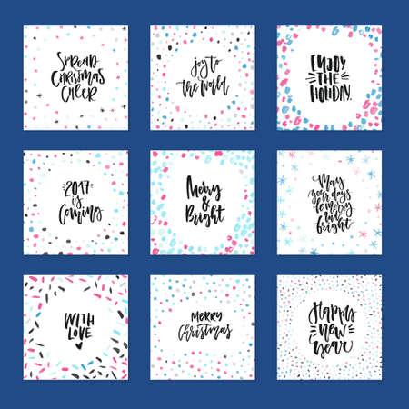 Vector decorative holiday card collection with hand lettering elements. Christmas and New Year greeting card templates.のイラスト素材