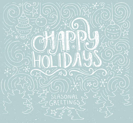 Happy Holidays - handdrawn lettering. Unique illustratuon with typography, swirls and Christmas trees on the background. Christmas card template.のイラスト素材