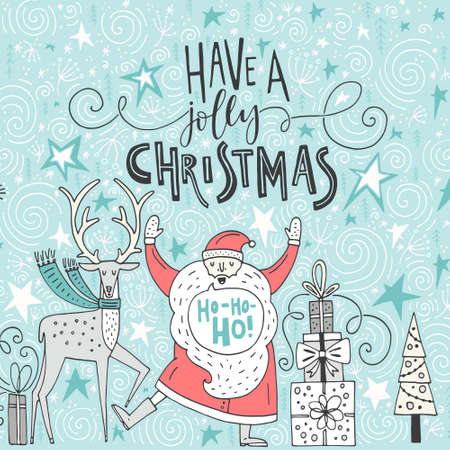 Conceptual illustration of Santa and Christmas deer with tree and presents. Unique lettering with swirls and drawings.のイラスト素材